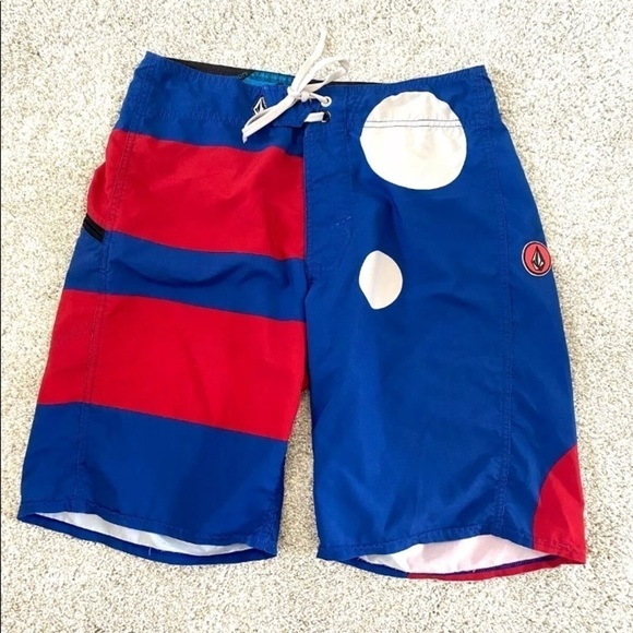 Mens Volcom Sz 31 Board Shorts Surf Swim Trunks Blue Logo Zip Pocket - Picture 6 of 9